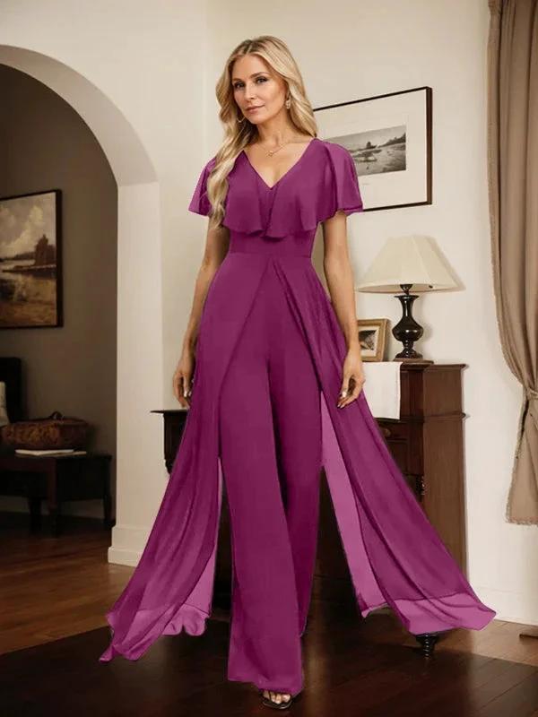 Jumpsuit/Pantsuit V-Neck Floor-Length Chiffon Evening Dress by Dreamylily
