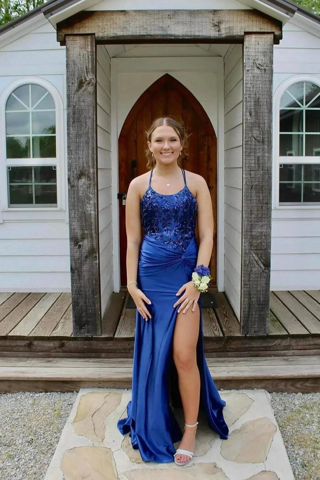 Amazing Column Satin Scoop Sleeveless Blue Prom Dresses With Appliques Split Front by misshow.com