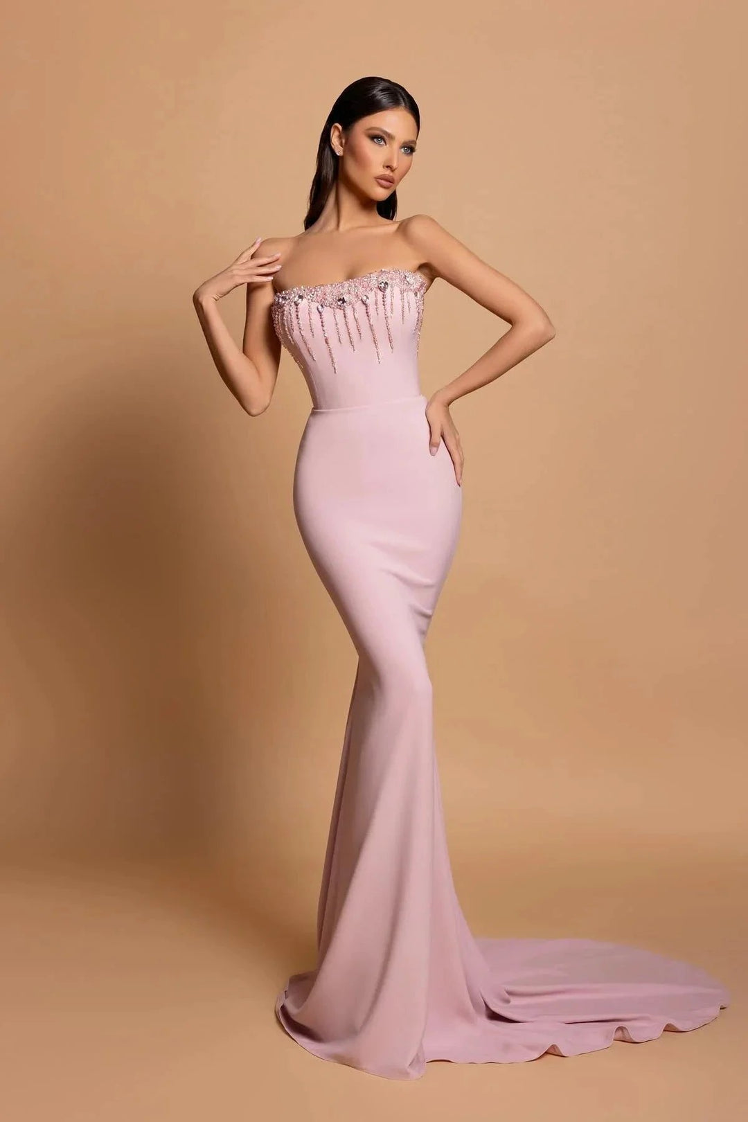 Amazing Column Strapless Sleeveless Rhinestone Satin Openback With Train Pink Prom Dresses by misshow.com