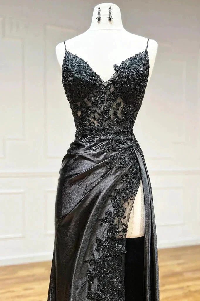 Amazing Long Black V-neck Spaghetti Straps Lace Sleeveless Prom Dress With Slit by misshow.com