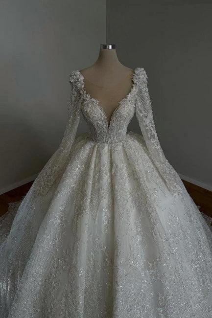 Amazing Long Princess A-line V-neck Lace Beading Wedding Dresses With Long Sleeves by misshow.com
