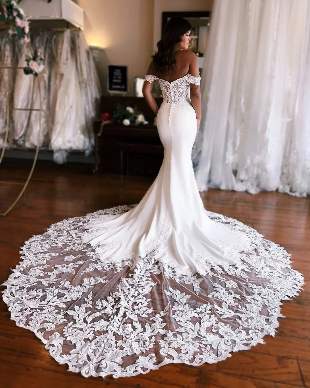 Amazing Mermaid Off-the-shoulder Sweetheart Sleeveless Appliques Satin Lace Train Wedding Dress by misshow.com