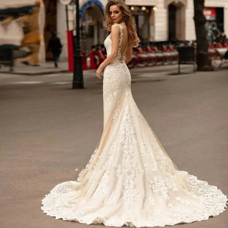 Appliques Vestido De Noiva Deep V-neck Mermaid Vestidos De Novia Vintage Wedding Dresses Lace Robe De Mariée by payinti