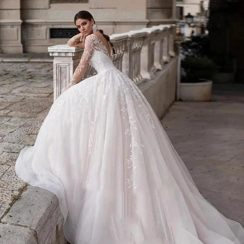 Appliques Vestido De Noiva Deep V-neck Vestidos De Novia Long Sleeves Wedding Dresses Lace Robe De Mariée by payinti