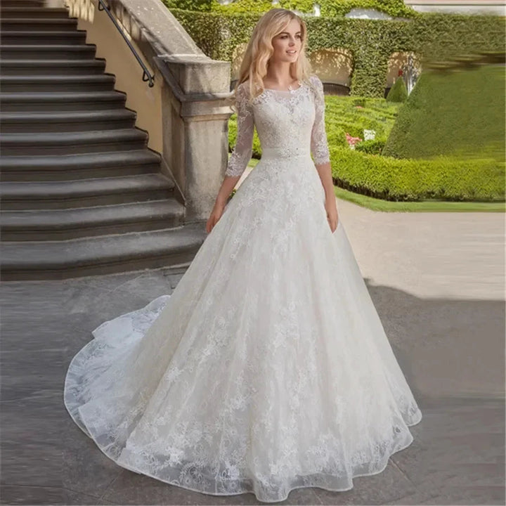 Appliques Vestido De Noiva Ribbons Belt Vestidos De Novia Three Quarter Sleeve Wedding Dresses Lace Robe De Mariée by payinti