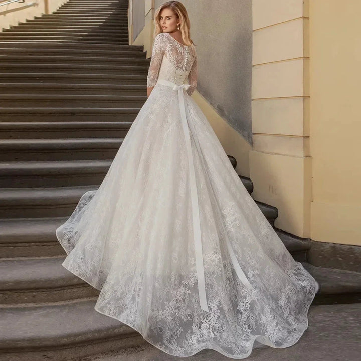 Appliques Vestido De Noiva Ribbons Belt Vestidos De Novia Three Quarter Sleeve Wedding Dresses Lace Robe De Mariée by payinti