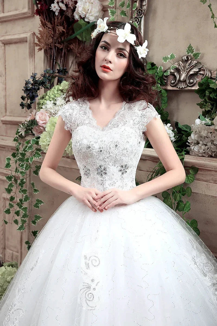 Applqiues Vestido De Noiva Cap Sleeve Wedding Dresses V-neck Vestidos De Novia by payinti