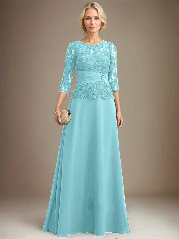 A-line Scoop Illusion Floor-Length Chiffon Lace Mother of the Bride Dress With Pleated Sequins Beading by Dreamylily