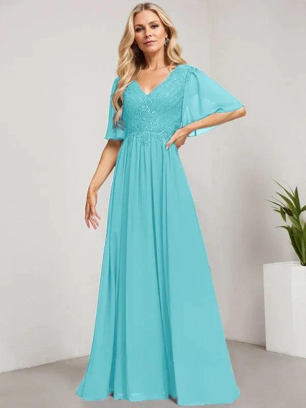 A-line V-Neck Floor-Length Lace Chiffon Mother of the Bride Dress With Sequins by Dreamylily