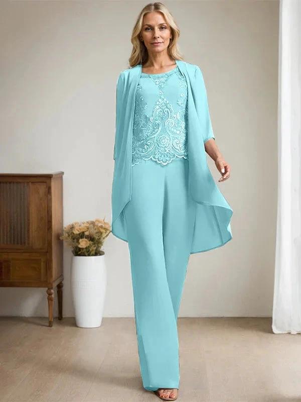 Separates Jumpsuit/Pantsuit Scoop Floor-Length Chiffon Lace Mother of the Bride Dress With Beading Sequins by Dreamylily