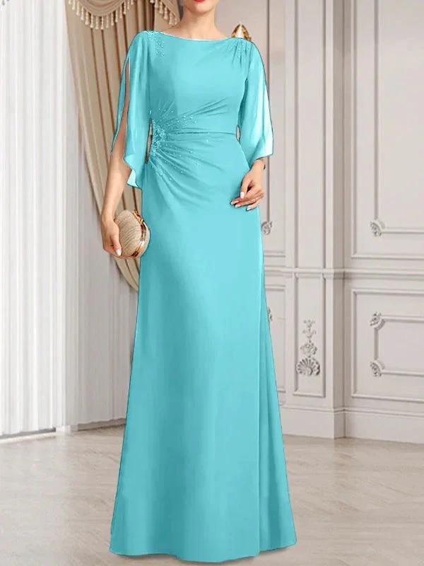 Sheath/Column Scoop Floor-Length Chiffon Mother of the Bride Dress With Pleated Beading by Dreamylily