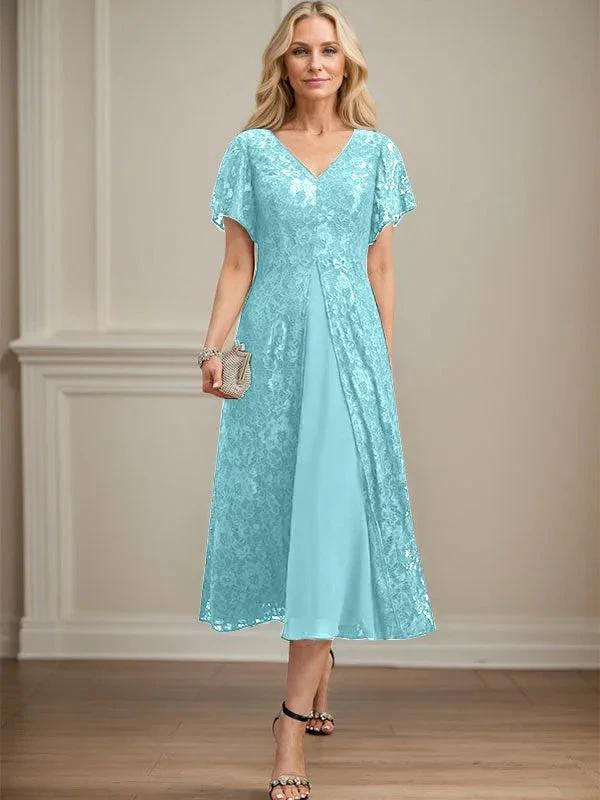 A-line V-Neck Tea-Length Lace Chiffon Mother of the Bride Dress by Dreamylily
