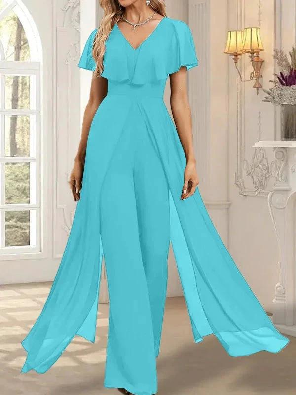 Jumpsuit/Pantsuit V-Neck Floor-Length Chiffon Evening Dress by Dreamylily
