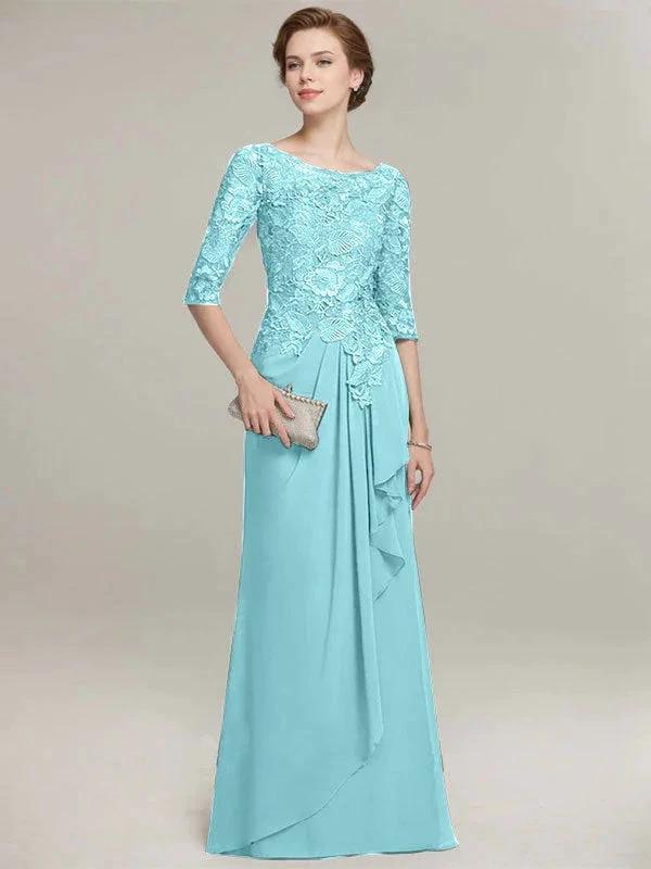 A-line Scoop Illusion Floor-Length Lace Chiffon Mother of the Bride Dress With Cascading Ruffles by Dreamylily
