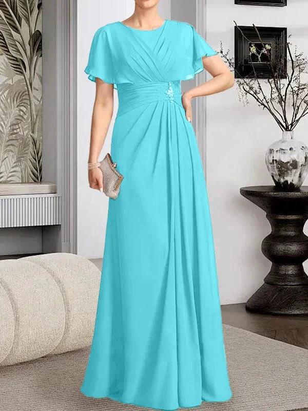 A-line Scoop Floor-Length Chiffon Mother of the Bride Dress With Pleated Beading by Dreamylily