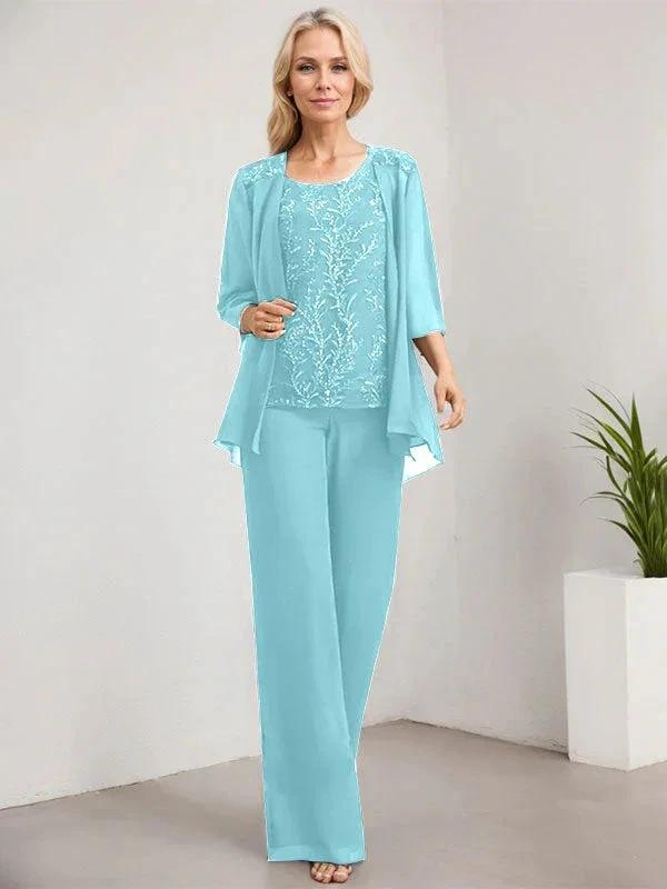 Separates Jumpsuit/Pantsuit Scoop Floor-Length Lace Chiffon Mother of the Bride Dress With Sequins by Dreamylily