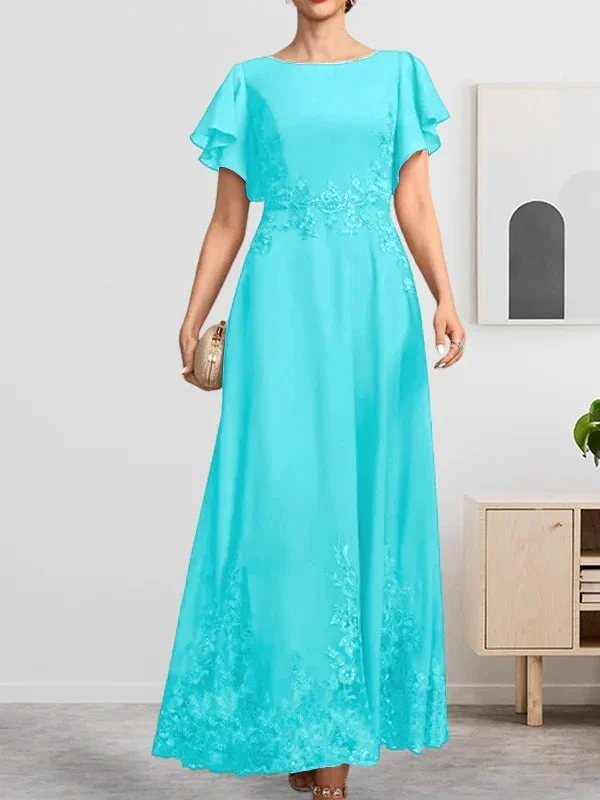 Abito da madre della sposa in chiffon di pizzo con scollo a U, lunghezza alla caviglia, linea a trapezio, con paillettes