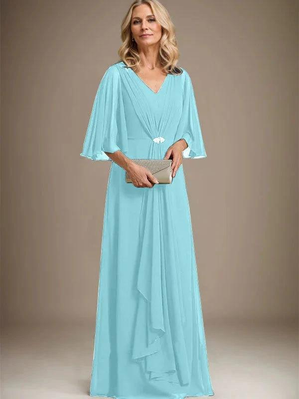A-line V-Neck Floor-Length Chiffon Mother of the Bride Dress With Cascading Ruffles Crystal Brooch by Dreamylily