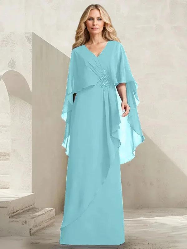 A-line V-Neck Floor-Length Chiffon Mother of the Bride Dress With Cascading Ruffles Beading by Dreamylily