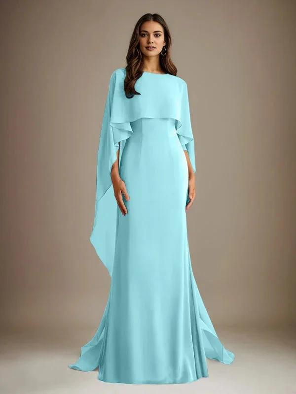 Sheath/Column Boatneck Floor-Length Chiffon Mother of the Bride Dress With Cascading Ruffles by Dreamylily
