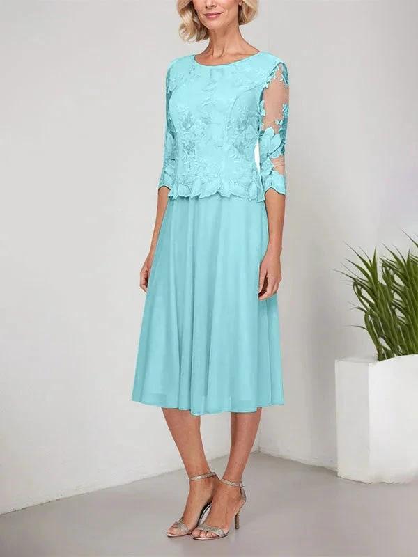 A-line Scoop Tea-Length Lace Chiffon Mother of the Bride Dress With Embroidery by Dreamylily