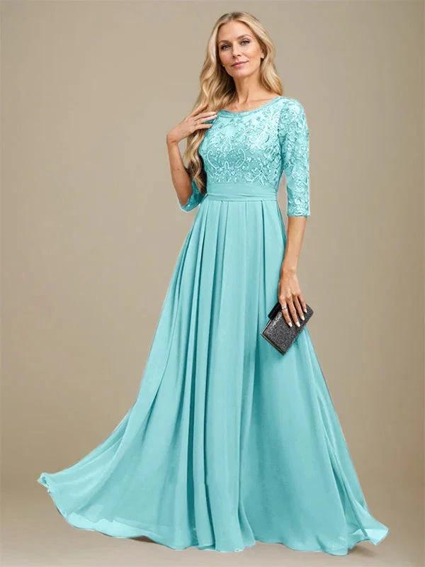 A-Line Scoop Floor-Length Lace Chiffon Mother Of the Bride Dress With Sequins Applique by Dreamylily