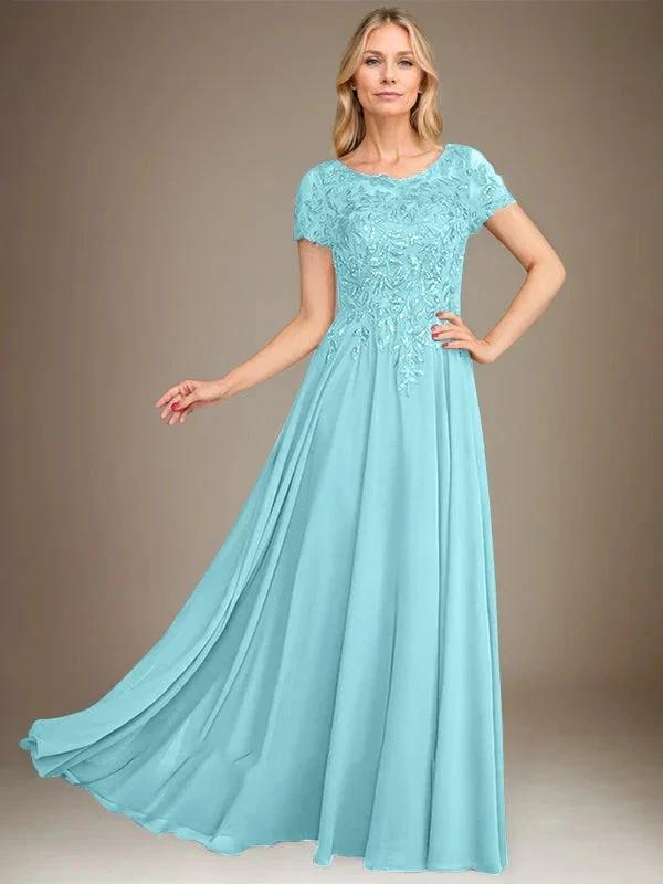 A-Line Scoop Floor-Length Chiffon Mother of the Bride Dress With Applique &amp; Sequins by Dreamylily