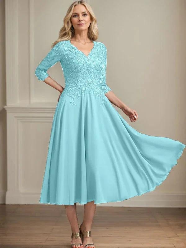 A-line V-Neck Tea-Length Chiffon Lace Mother of the Bride Dress With Beading Sequins by Dreamylily