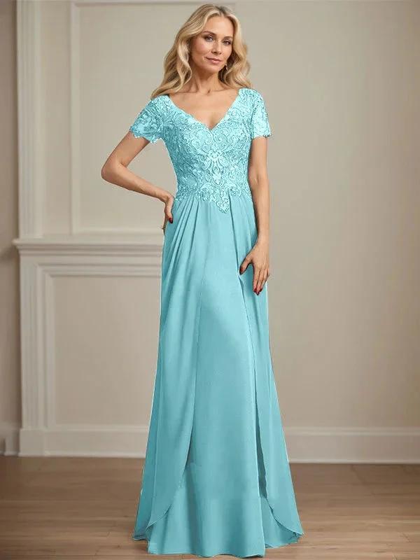 A-line V-Neck Floor-Length Chiffon Lace Mother of the Bride Dress by Dreamylily