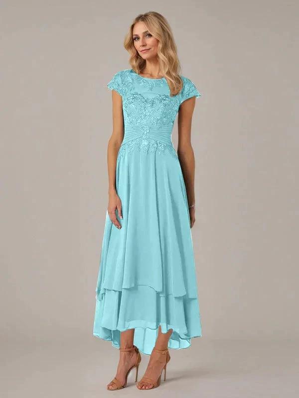 A-line Boat Neck Illusion Asymmetrical Chiffon Lace Mother of the Bride Dress With Applique Pleats by Dreamylily