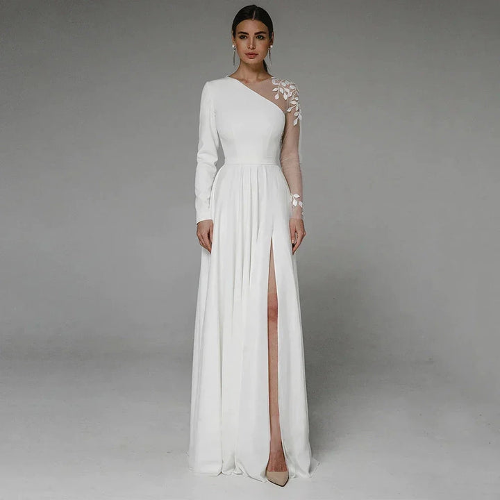 Asymmetrical Side Slit Wedding Dress Long Sleeve Civil Bridal Gown Party For Bride Button Applique Floor Length Свадебное платье by payinti