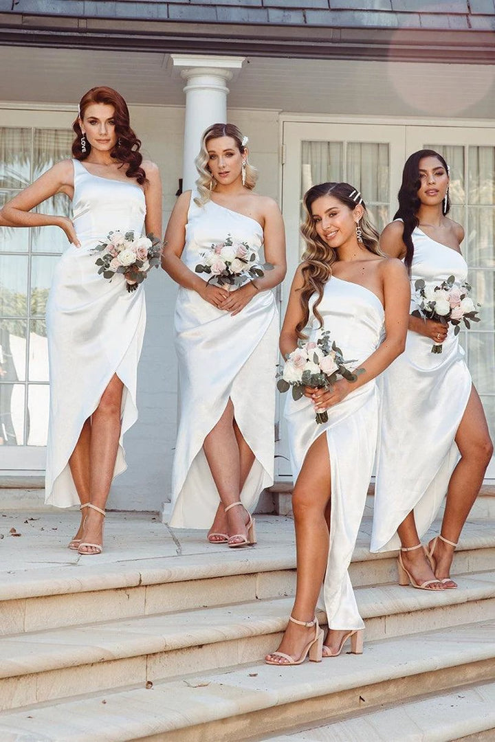 Asymmetrical One Shoulder Satin White Bridesmaid Dress BD097 by pgmdress