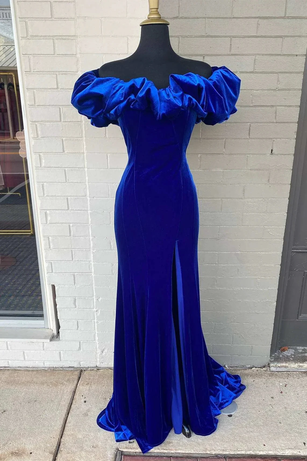 Ruffle Off the Shoulder Royal Blue Long Formal Dress with Slit,Charming Evening Dress Y1569 by simplepromdress