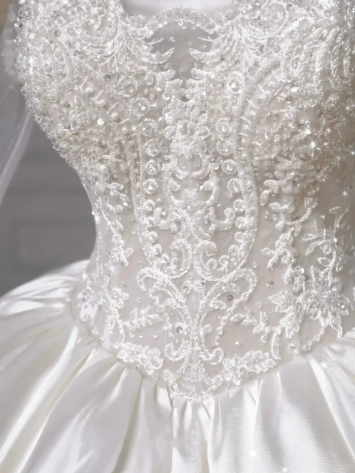 Gorgeous White Satin Lace Appliques A Line Wedding Dress,Formal Prom Dress Y8607 by simplepromdress