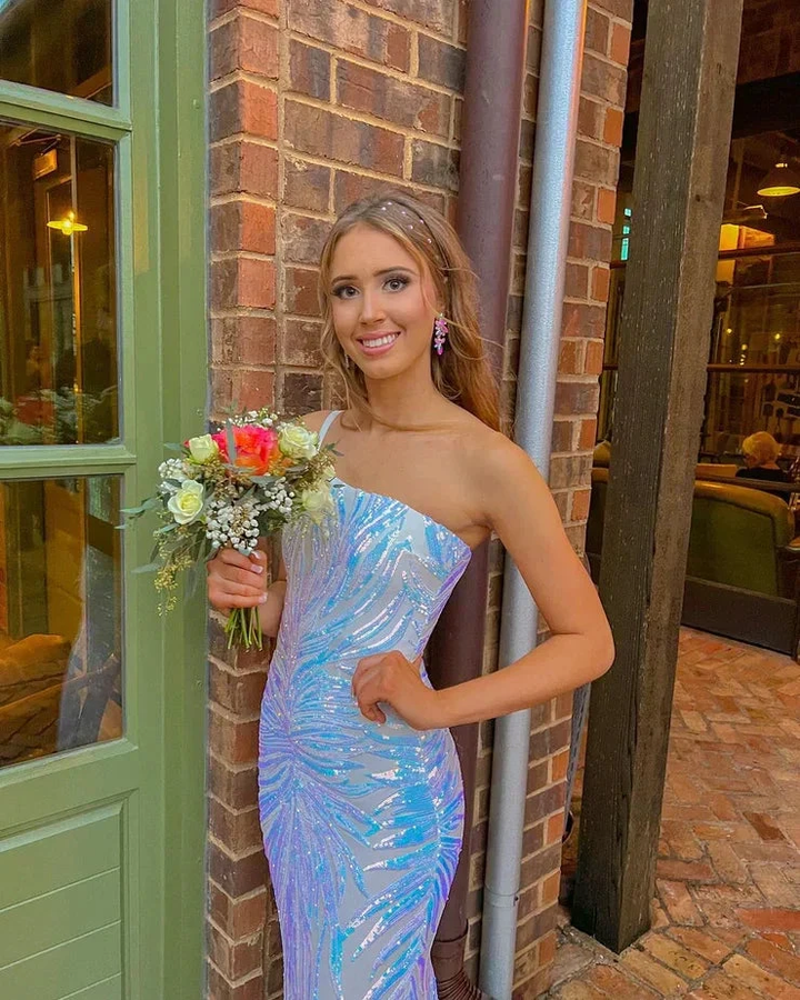 Cute Mermaid One Shoulder Sequin Prom Dresses Chic Evening Dress Y1895 by simplepromdress