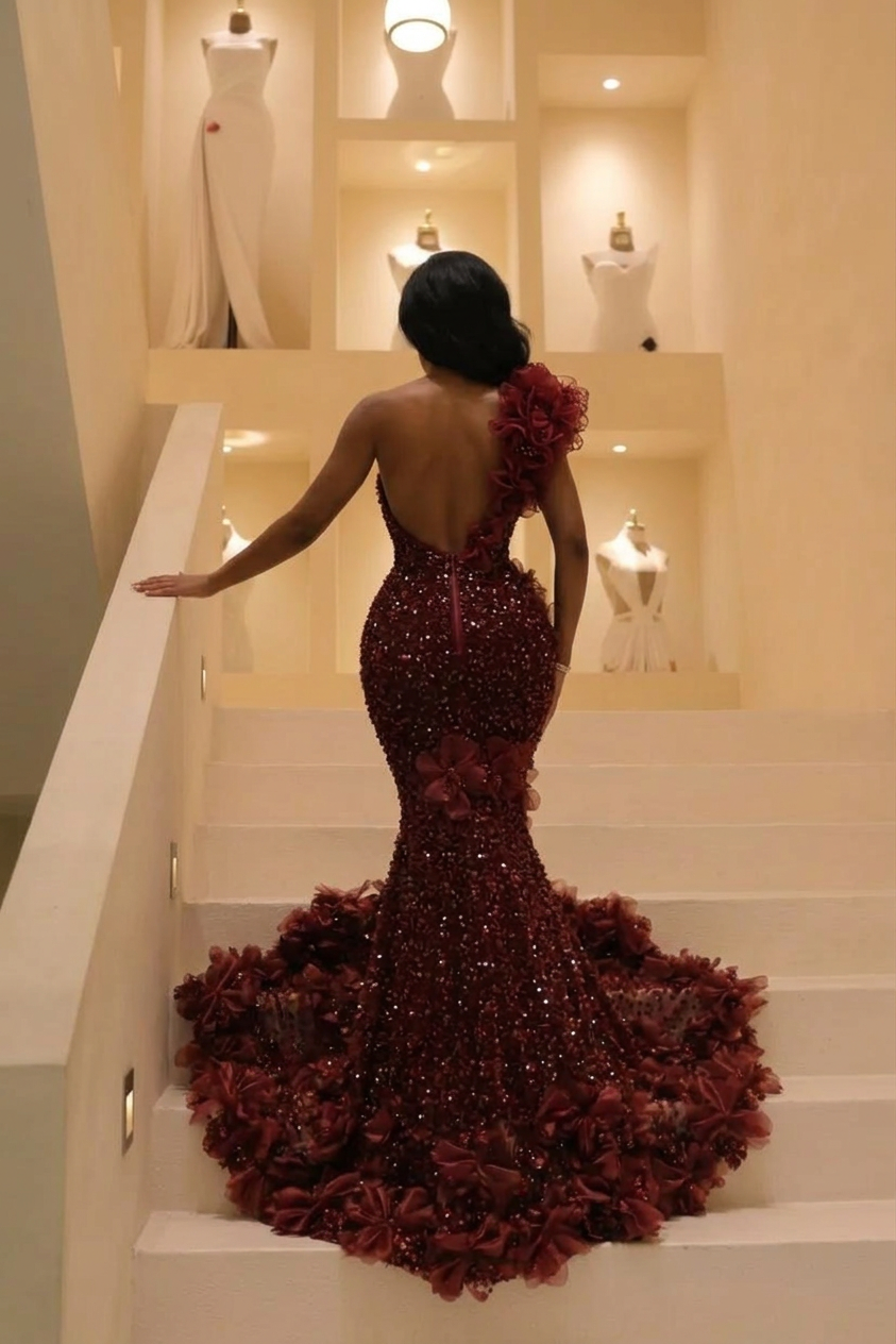 The Bordeaux Bloom - 2026 One-Shoulder Sequin Mermaid Gown: 3D Floral Appliqués &amp; Crushed Garnet Beadwork