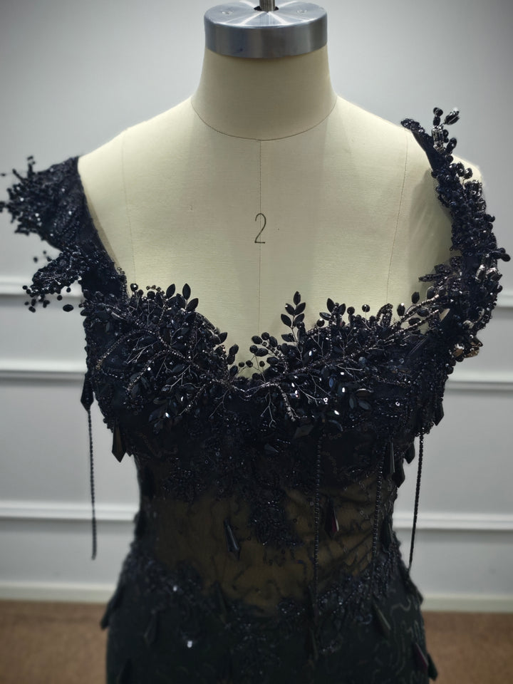 Luxury Black Sequin Mermaid Prom Dress – Illusion Corset Bodice with 3D Beaded Lace &amp; Off-the-Shoulder Detail | 2026 Gothic Glamour Evening Collection