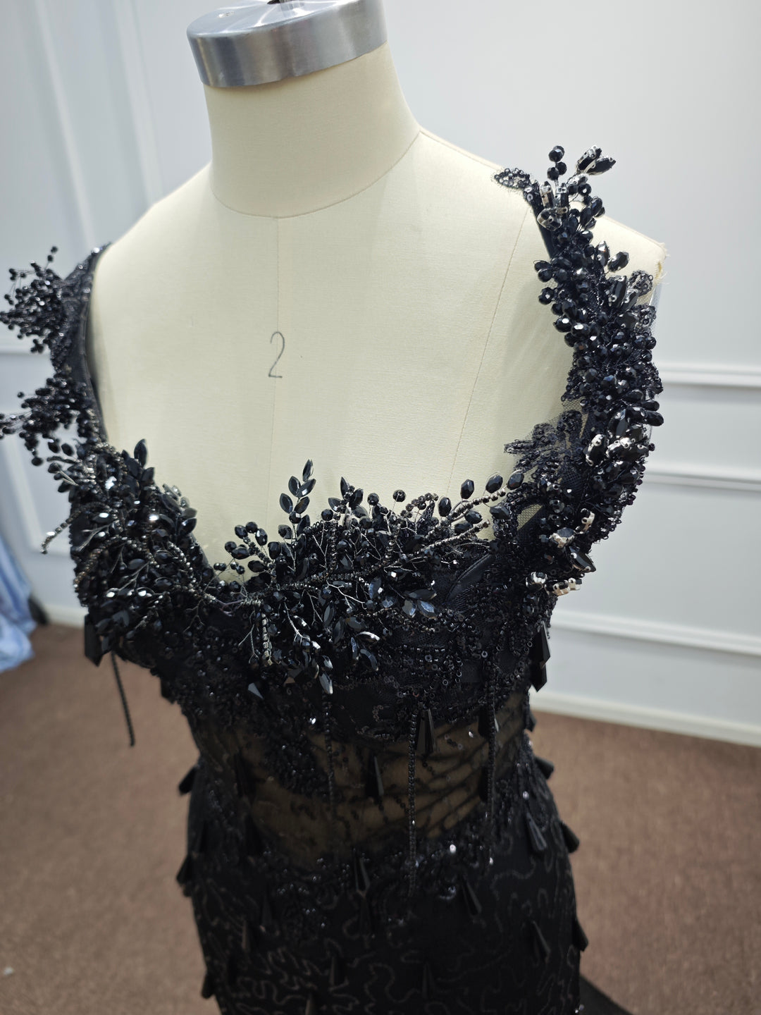 Luxury Black Sequin Mermaid Prom Dress – Illusion Corset Bodice with 3D Beaded Lace &amp; Off-the-Shoulder Detail | 2026 Gothic Glamour Evening Collection