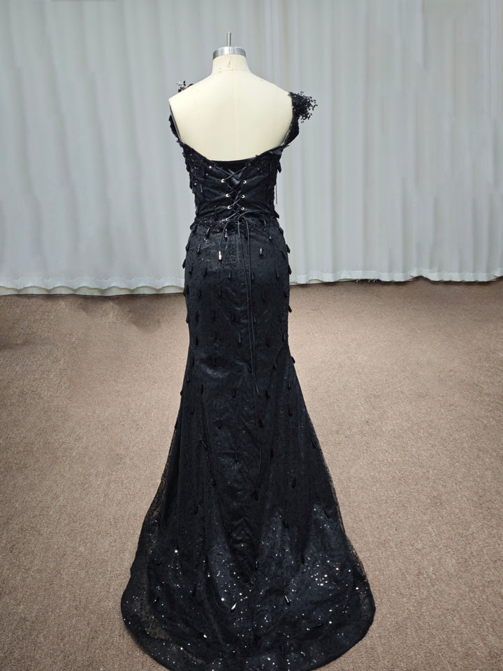 Luxury Black Sequin Mermaid Prom Dress – Illusion Corset Bodice with 3D Beaded Lace &amp; Off-the-Shoulder Detail | 2026 Gothic Glamour Evening Collection