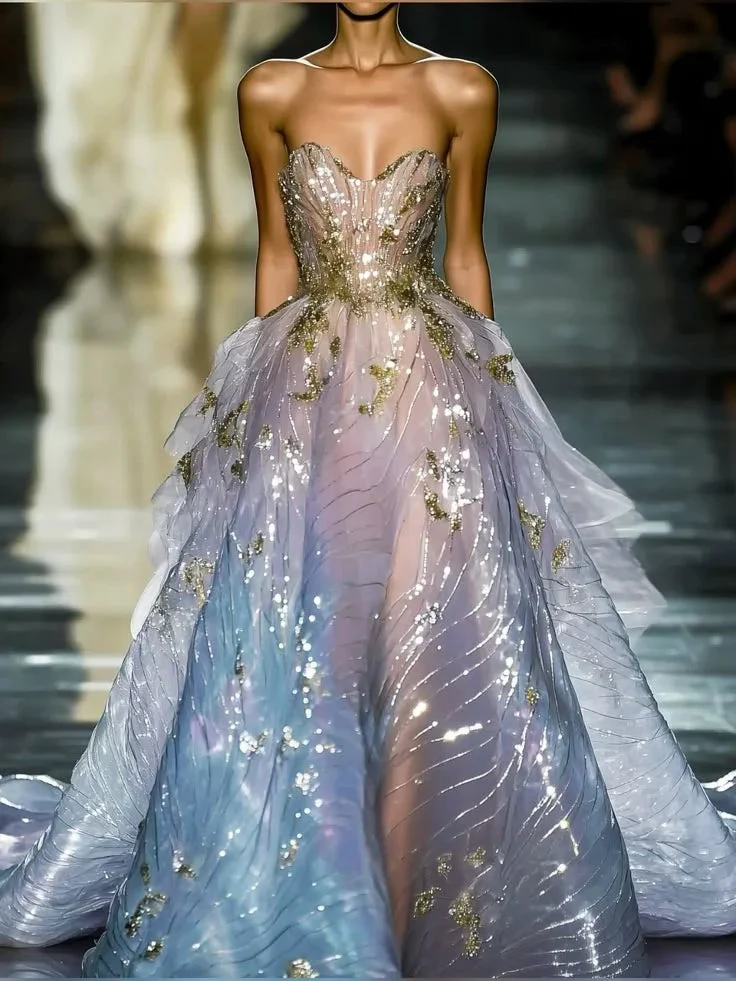 Dream Strapless Blue Tulle Sequins Evening Dress Long Formal Prom Dress Y8379 by simplepromdress