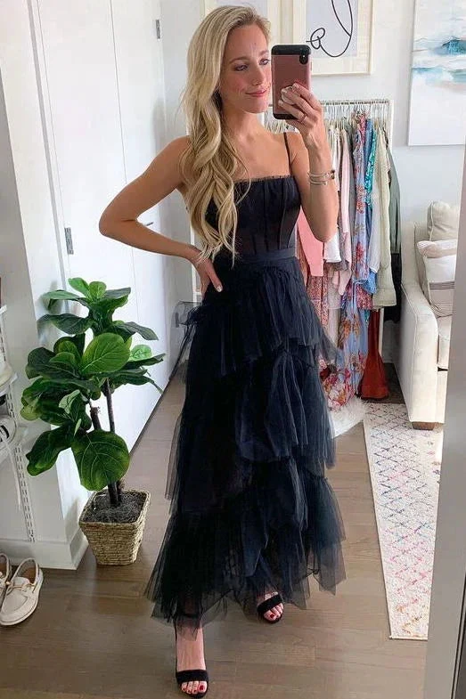 Elegant A-line Layered Tulle Black Prom Dress,Sheer Corset Long Evening Dress,Graduation Dress Y653 by simplepromdress