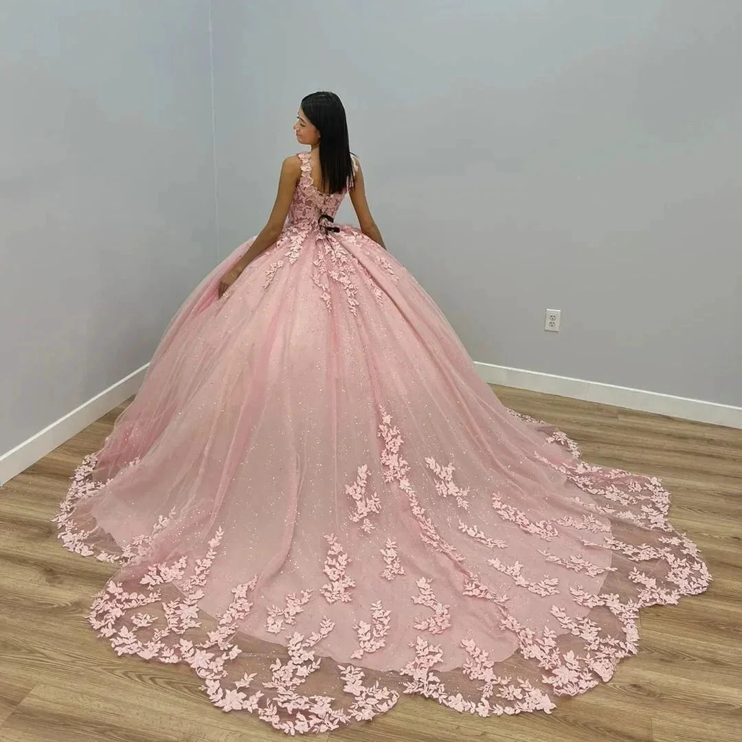 Pink Quinceanera Dresses with Lace Appliques Mexican Ball Gown 15th Birthday Dress Y4675 by simplepromdress