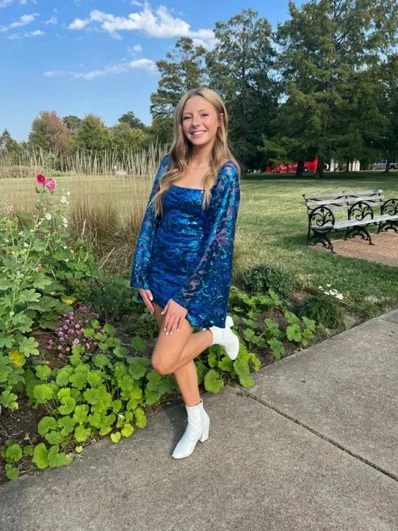 Flare Sleeve Blue Sequin Tight Dress Blue Homecoming Dress Y6270 by simplepromdress