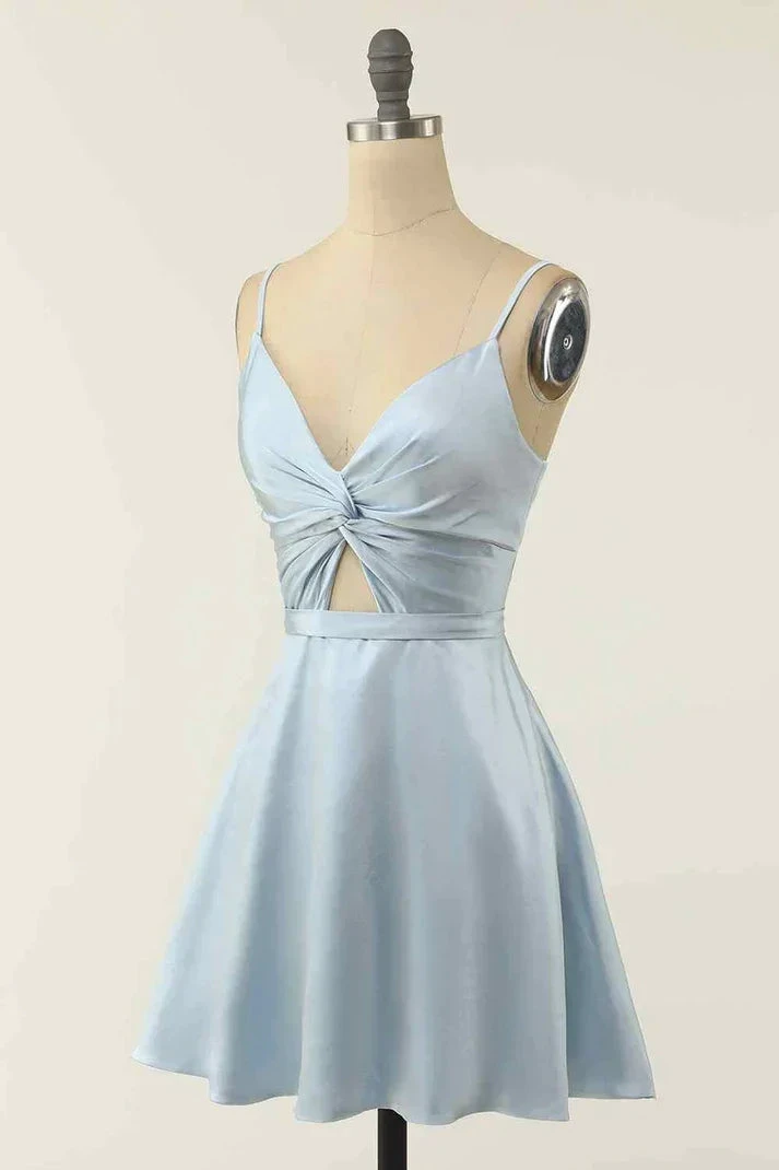 A-line V Neck Twist Knot Cut-Out Pleated Mini Homecoming Dress Y1866 by simplepromdress