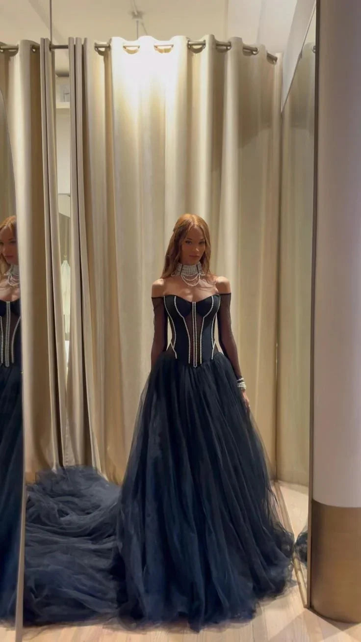 Elegant Navy Blue Tulle Beaded Long Prom Dress Off Shoulder Party Evening Dress Y8380 by simplepromdress