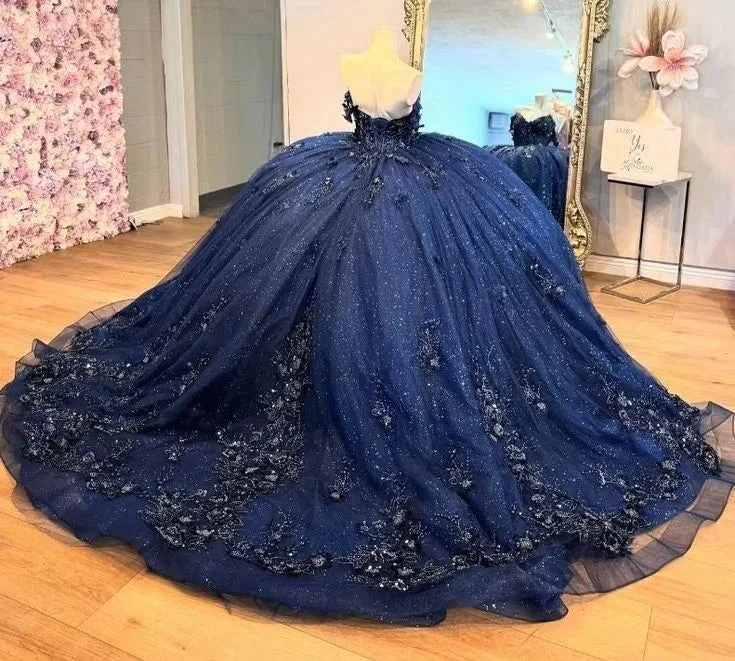 Beautiful Navy Blue Tulle Appliques Prom Dress Shiny Birthday Ball Gown Y7837 by simplepromdress