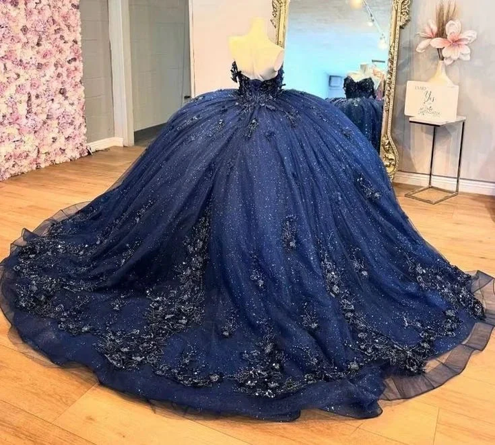Beautiful Navy Blue Tulle Appliques Prom Dress Shiny Birthday Ball Gown Y7837 by simplepromdress