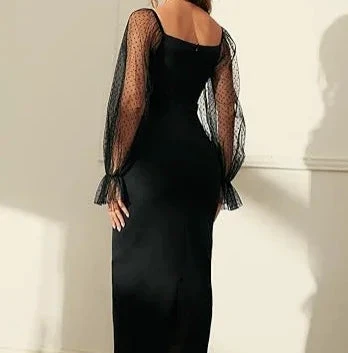 Women Elegant Lantern Sleeve Mesh Patchwork Midi Formal Party Dress Black Short Homecoming Dress Y5529 by simplepromdress