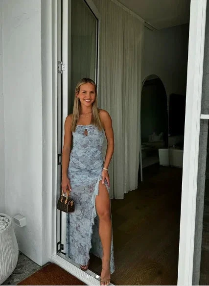 Chic Chiffon Print Floral Long Prom Dress Strapless Slit Party Evening Dress Y8238 by simplepromdress