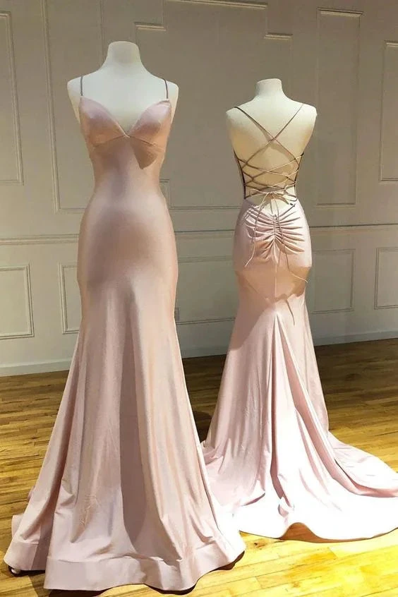 Elegant blush satin evening gowns with spaghetti straps and lace-up backs on mannequins, ZAPDRESS
